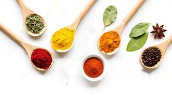 Spices and herbs in wooden spoons photo