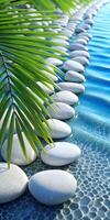 Tranquil Poolside Scene with Pebbles and Tropical Leaves for Relaxation and Meditation photo