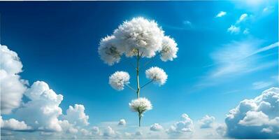 Dreamy Flower Tree in a Bright Sky with Soft Clouds and Vibrant Blue Background for Nature and Fantasy Art Themes photo