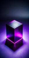 Illuminated Black Cube with Purple LED Light Against Dark Background for Modern Design and Display photo