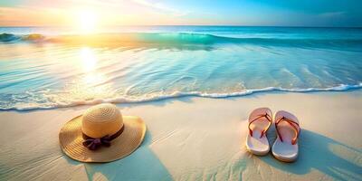 Serene Beach Scene with Sun Hat and Flip Flops at Beautiful Sunrise Over Calm Ocean Waves photo