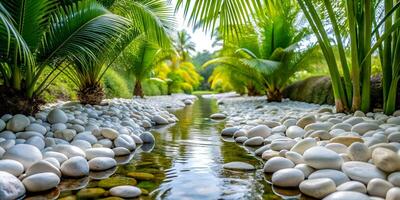 Serene Stream Surrounded by Lush Green Palms and Smooth White Stones in Tropical Garden Setting photo