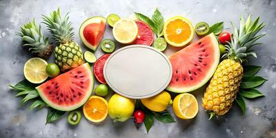 Vibrant Selection of Fresh Tropical Fruits with Empty Label for Customization and Presentation Uses photo