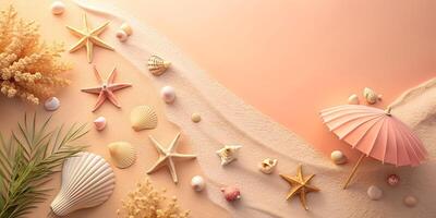 Vibrant Beach Scene with Seashells Starfish Coral and Pink Umbrella on Soft Sandy Background photo