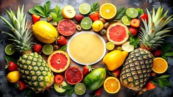 Vibrant Collection of Fresh Fruits with Pineapples Citrus and Berries on Dark Background for Culinary Use photo