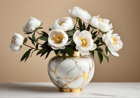 Elegant arrangement of white peony flowers in a luxurious marble vase on a table with a beige background photo