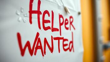 Close-up of a sign with red letters spelling 'Helper Wanted' pinned against a soft-focus background photo