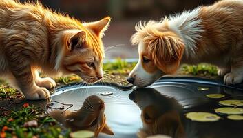 A curious puppy and kitten gaze intently at their reflections in a small outdoor pond surrounded by stones photo