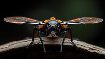 Close-up of an exotic colorful insect with vivid patterns on a wooden surface, showcasing intricate details of its wings and body photo