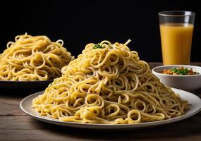 Pile of noodles isolated in plate on table. High definition food photography with copy space photo