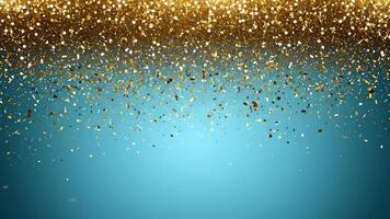 Golden glitter rain from top on sky blue background. Template empty horizontal graphics resource with copy space in high definition photo