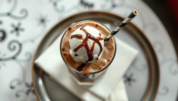 Chocolate icecream milkshake with vanilla scoop in a glass. Top view close-up of appetizer in high definition 4k photo