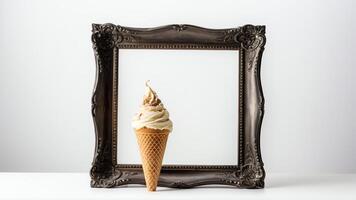 Ice cream cone in front of brown wooden frame in high definition with copy space photo