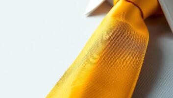 Close-up of a vibrant yellow necktie with distinctive texture laid out against a plain white background. photo