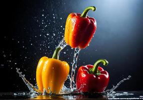 Three vibrant bell peppers splashing in water against a dark background, creating a dynamic and fresh scene photo
