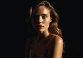 Woman with wavy hair and glowing skin in a dark, dramatic setting, softly illuminated on one side photo