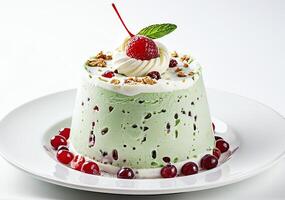 A close-up of a green pistachio ice cream cake topped with whipped cream, cherry, and mint leaf, garnished with cranberries on a white plate photo