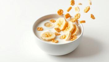 Bowl of cereal with milk being poured and topped with banana slices and cornflakes on a white background photo