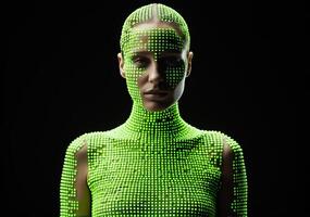 A person covered in glowing green digital dots against a dark background creating a futuristic and cybernetic appearance photo