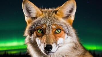 Closeup portrait of a red fox with aurora borealis in background. High definition animal photo
