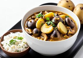White bowl filled with mushroom and potato curry garnished with cilantro, served with a side of rice and whole potatoes in the background photo