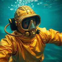 A person in an ornate gold diving suit underwater with bubbles surrounding them creating a captivating scene photo