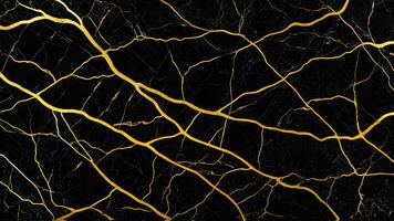 Golden fractal cracked lines on black texture background in high definition horizontal template in 4K photo