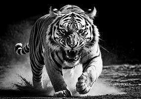 Action-Packed Tiger Roaring in Motion, Wildlife Photography, Natural Habitat, Dramatic Setting, Close-Up View photo