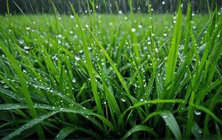 Closeup of field of grass with dew drops in high definition nature wallpaper photo