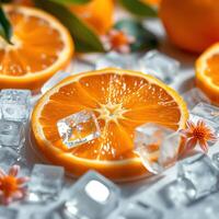 Close-up of fresh orange slices surrounded by ice cubes and small flowers, creating a refreshing citrus-themed composition photo