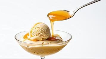 Closeup of Honey flavoured ice cream with spoon dripping honey on ice cream scoop. High definition cinematic photo in 4K resolution