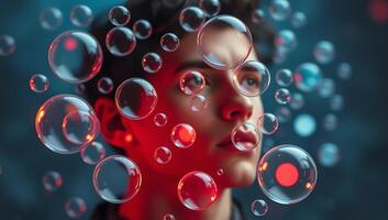 Bubbles floating over person's face reflecting his inner feelings and emotions. Mental illness concept in high definition photo