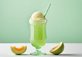 Refreshing melon soda float with vanilla ice cream in a vintage glass surrounded by melon slices on a pastel background photo