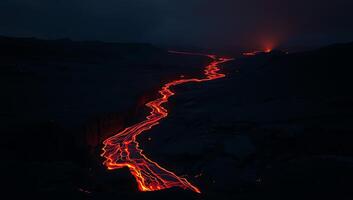 Lava flow cutting through a landscape in the night. Cinematic volcanic environmental photography in ultra high definition photo