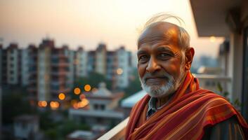 Portrait of an Indian grandfather at sunset on the terrace of his apartment building in Mumbai, India. Bokeh background in ultra high definition photo