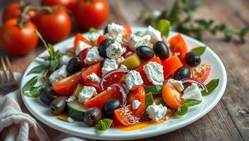 A fresh Mediterranean salad with cherry tomatoes, olives, feta cheese, cucumbers, and red onions, beautifully arranged on a plate photo