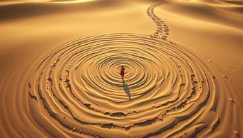 Aerial view of a person in a red dress standing in a spiral pattern on a vast golden desert with distant footprints. photo