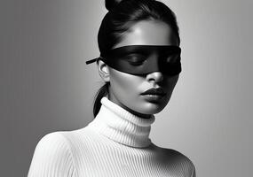 Black and white portrait of a woman wearing a blindfold and a white turtleneck, with minimal background photo