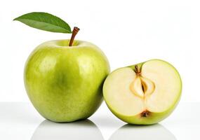 Two fresh green apples isolated on white background in high definition cinematic capture with studio lighting and copy space photo