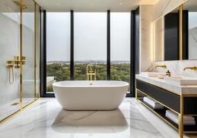 Luxurious modern bathroom with a free-standing bathtub, large windows, and gold accents overlooking a scenic view in 4k high definition. photo