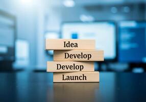 stack of wooden blocks with the words idea, development, launch photo