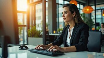 Businesswoman working on a computer at her office desk near a window with natural sunlight photo