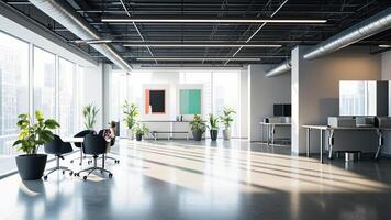 Modern and bright office interior space featuring green plants and large windows photo