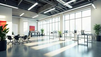 Modern office interior showing computers desks conference table and large windows with sunlit ambience photo