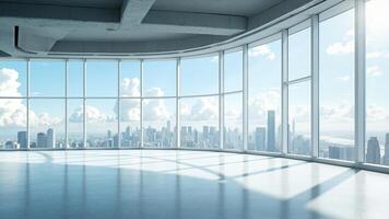 Modern office space interior with large windows overlooking a city skyline photo