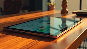 Modern digital tablet displaying business charts and graphs on wooden table with warm sunlight photo