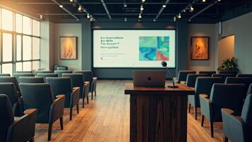 Modern conference room presentation ready with empty seats and laptop on podium photo