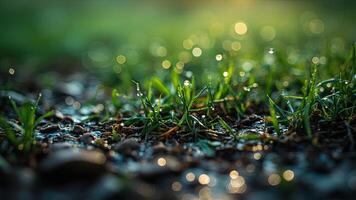 Fresh green grass with water droplets and bokeh sunlight in a beautiful morning photo