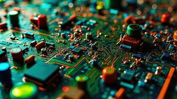Close up detailed view of a computer circuit board with electronic components photo