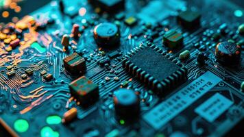 Close-up view of a computer circuit board featuring integrated chips and electronic components photo